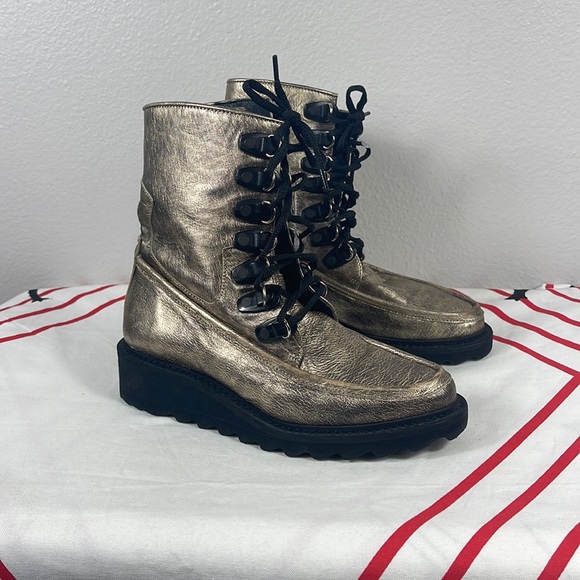 Free People Leather Gold Distressed Lace Up Boots Size 6 - Picture 2 of 6